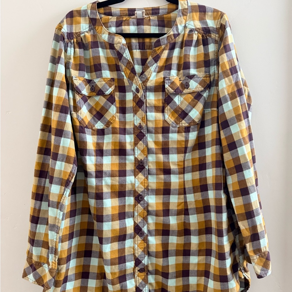 Duluth Trading Co Plaid Button Down Tunic - Yellow, Brown, White